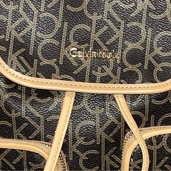 Calvin Klein Logo Monogram Brown Tan Adjustable Backpack Bag - Picture 5 of 14